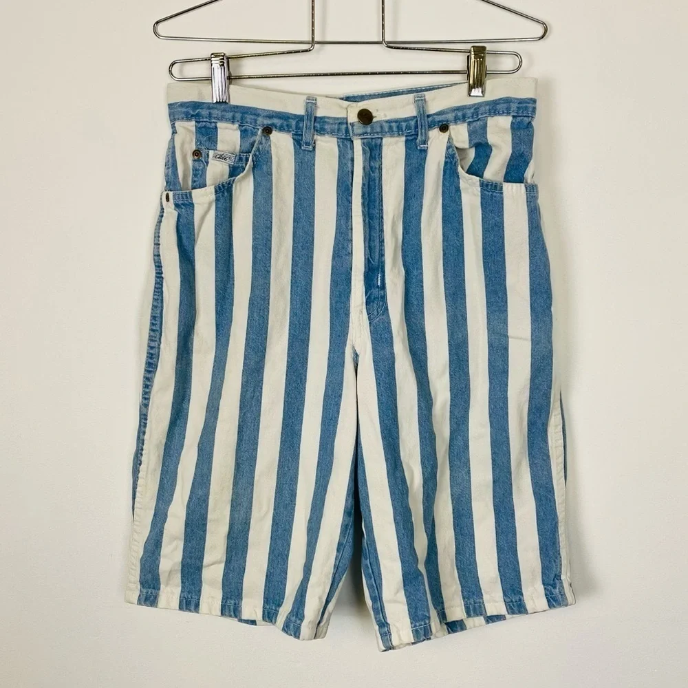 Vintage Chic High Waisted Mom Shorts, 1990s Striped Denim Shorts, Modest Shorts